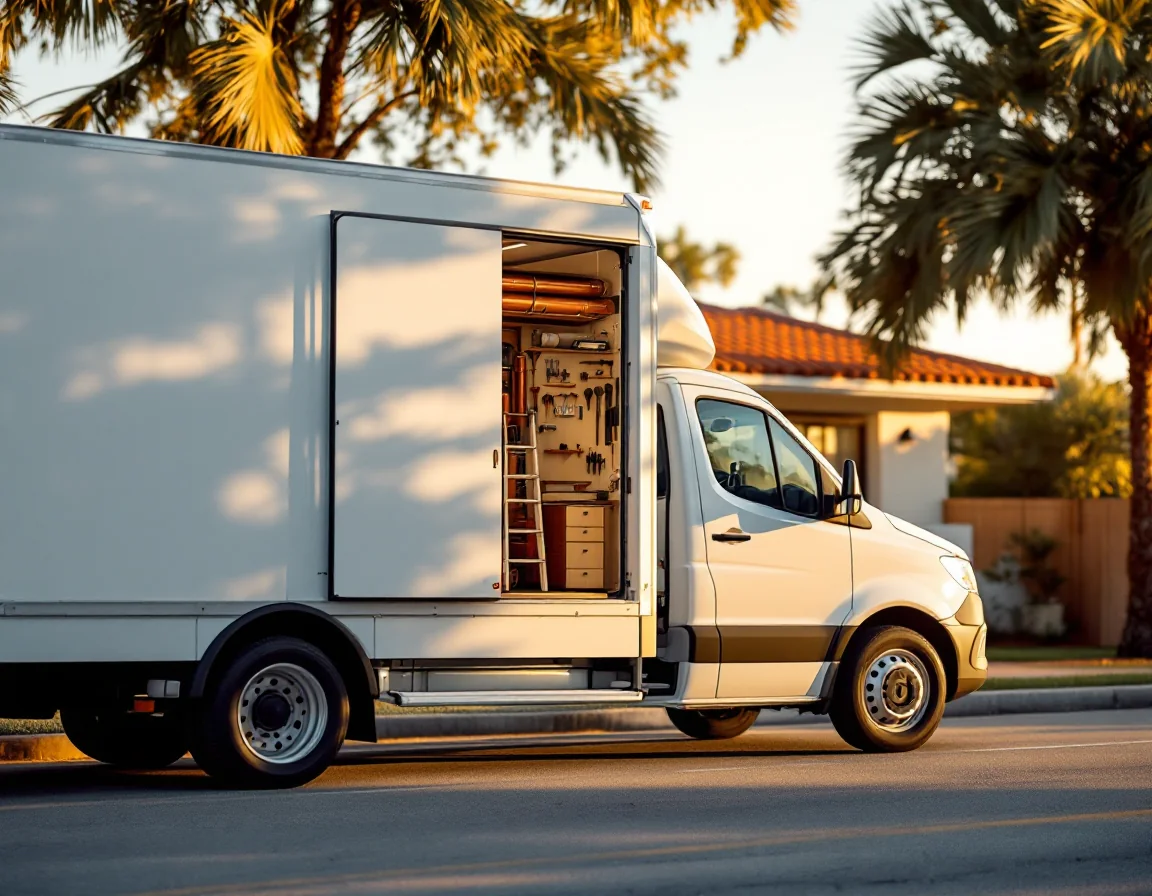 Editorial still life of a Tampa HVAC archetype site at golden hour — service truck on a residential street, illustrative composite