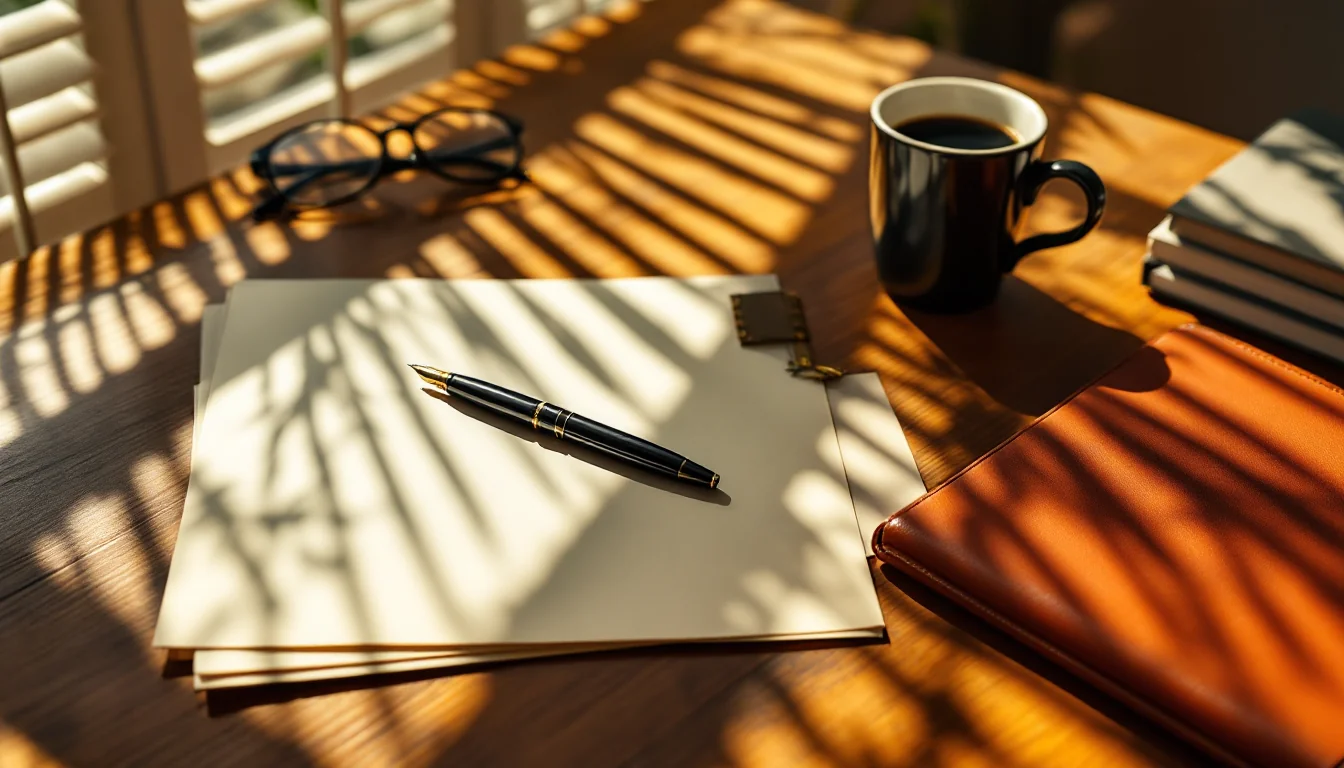 Editorial still life of a Tampa attorney's office at golden hour — law books, leather chair, illustrative composite