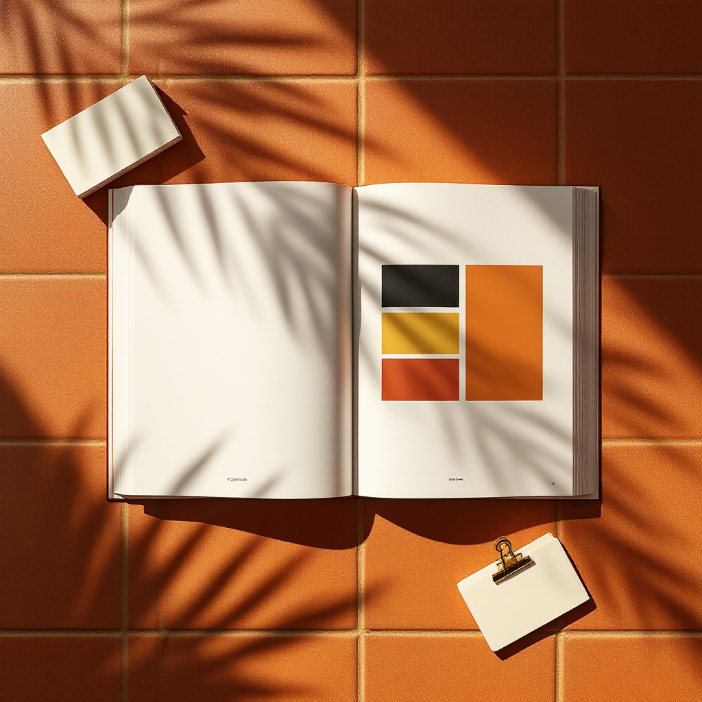 Editorial still life of brand color swatches and print samples on a sun-drenched terracotta surface