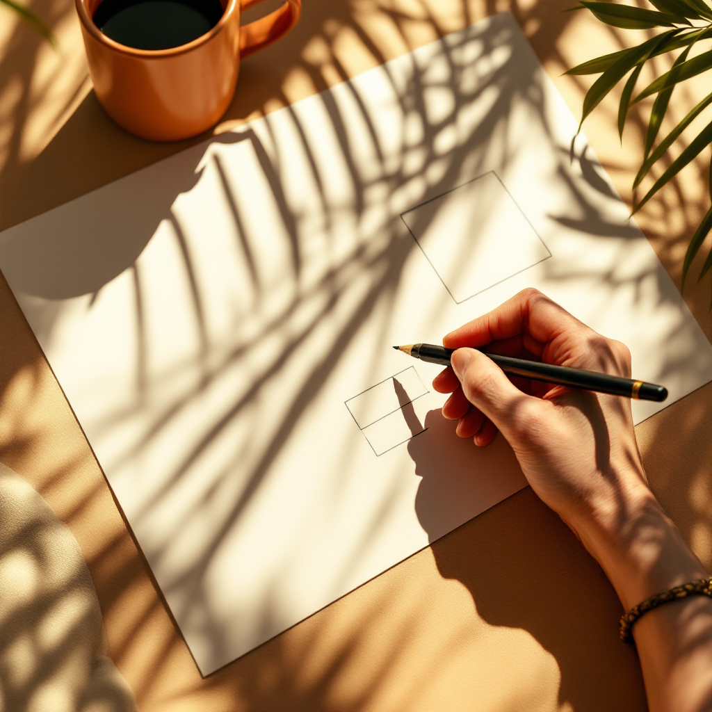 Designer's hand sketching a homepage wireframe in bright Florida light