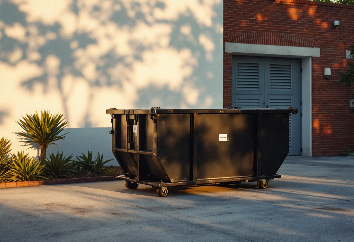 A clean empty roll-off dumpster on a residential driveway in golden afternoon light, a size-guide card and delivery clipboard nearby.