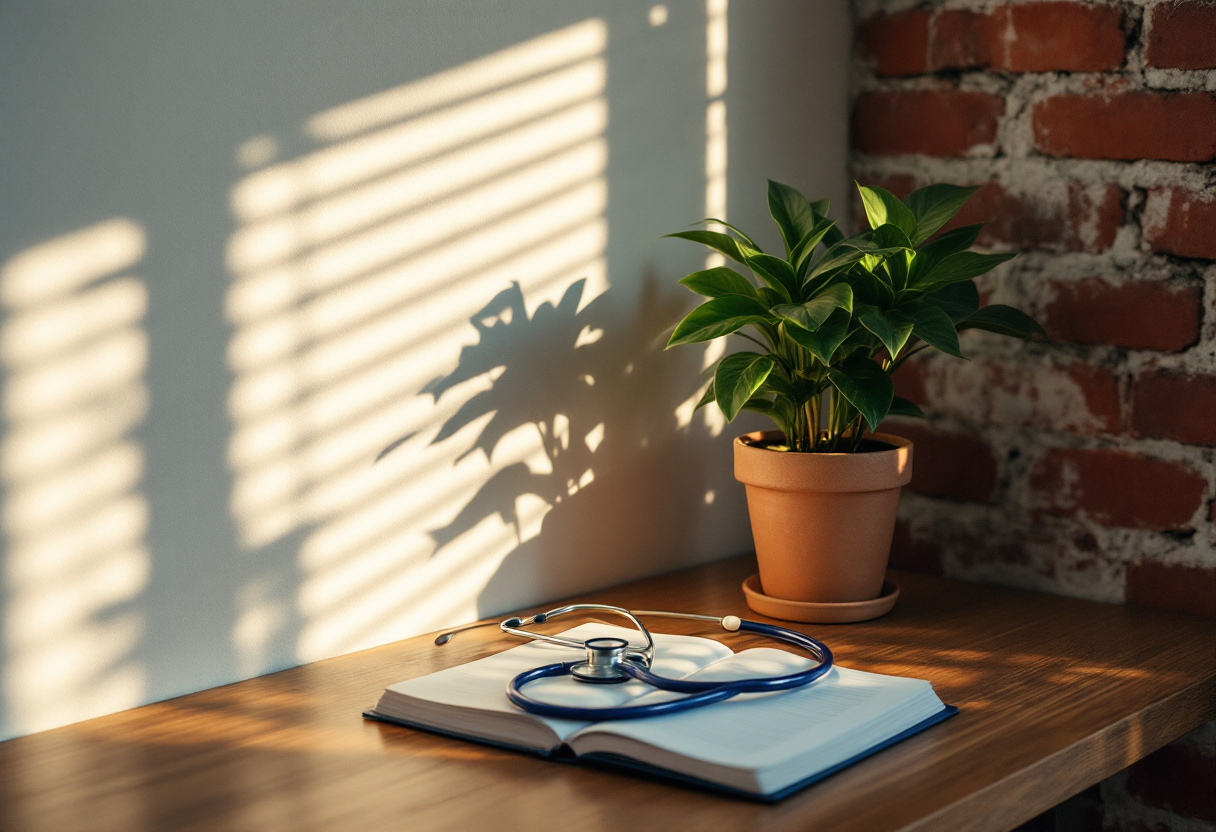 An independent medical practice's reception desk — an appointment book and a coiled stethoscope on teak, soft daylight through plantation shutters.