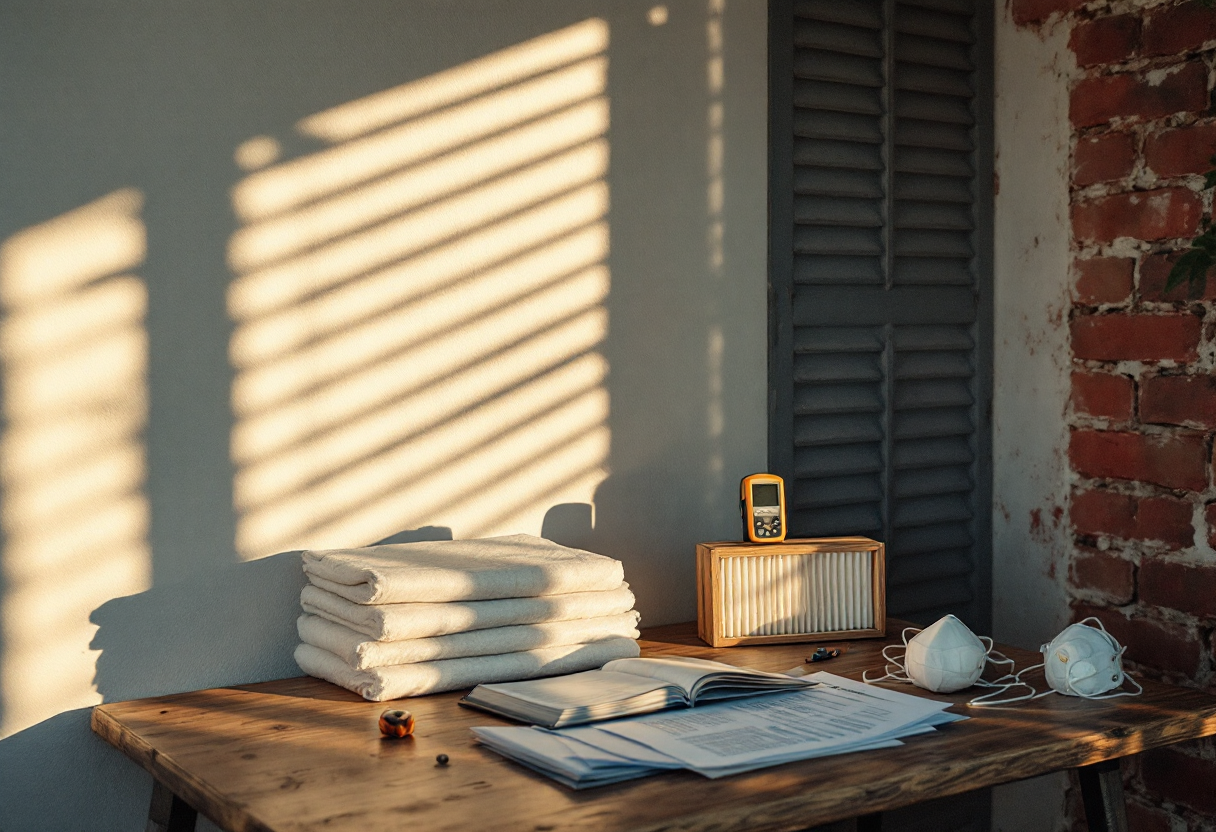 A restoration specialist's table — a moisture meter, inspection report, HEPA filters and containment sheeting in warm light.