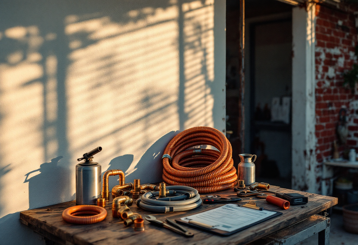 A plumbing contractor's workbench in golden Tampa light — copper fittings, PEX coils, wrenches and an invoice clipboard.