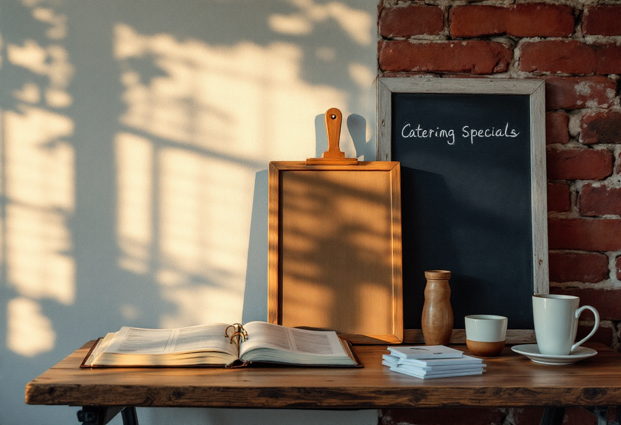 An independent restaurant owner's prep table at golden hour — a printed menu, a reservations book, a chalk specials board and catering cards by a brick wall.