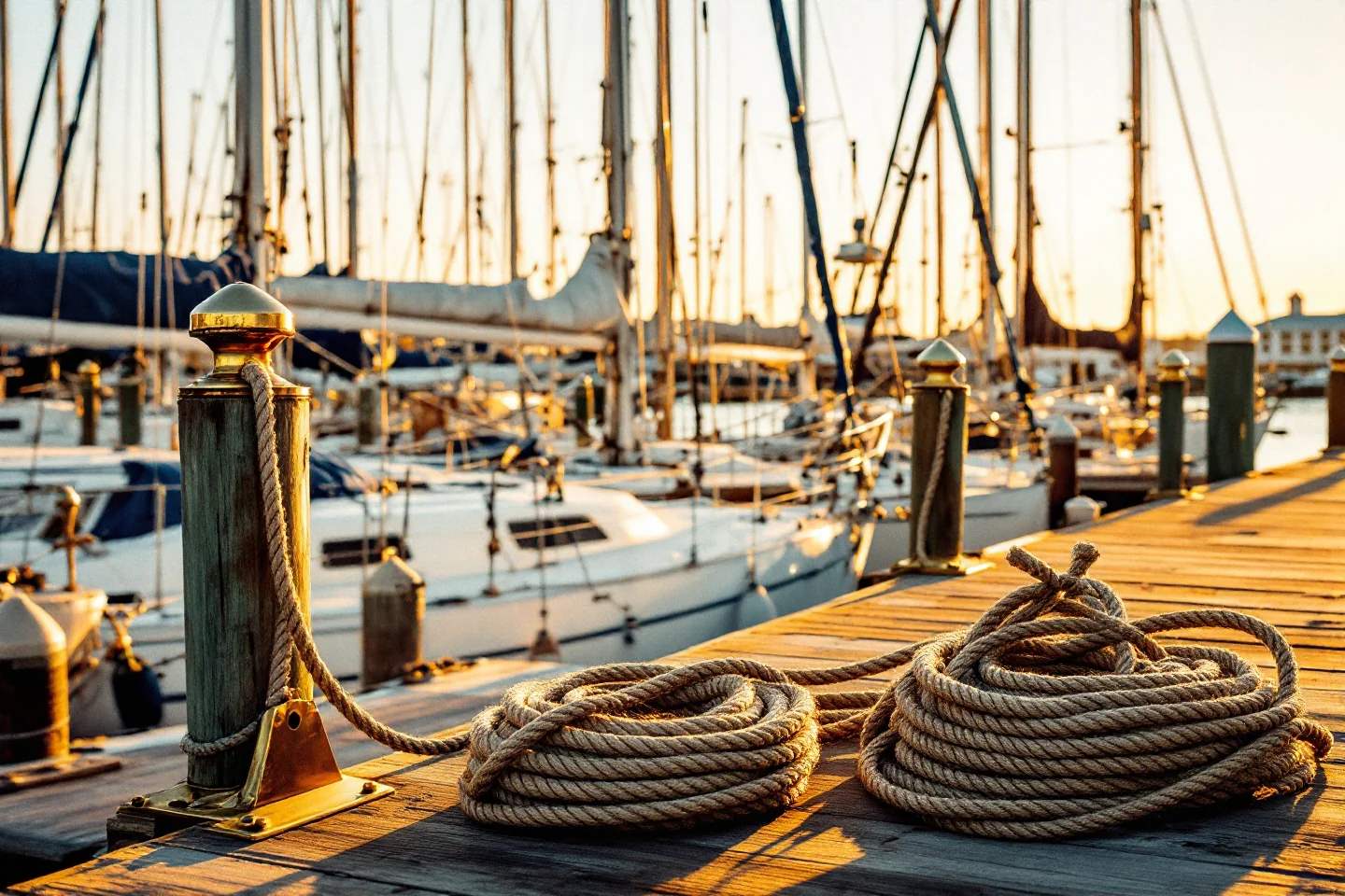 Tampa Bay marina at late-afternoon golden hour — sailboat masts and rigging at rest behind a wooden dock with brass cleats and coiled manila rope in the foreground