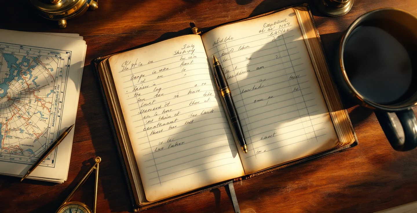 An open brass-bound ship's-log ledger book on a teak surface with handwritten entries in faded ink across two pages, a fountain pen resting in the binding gutter