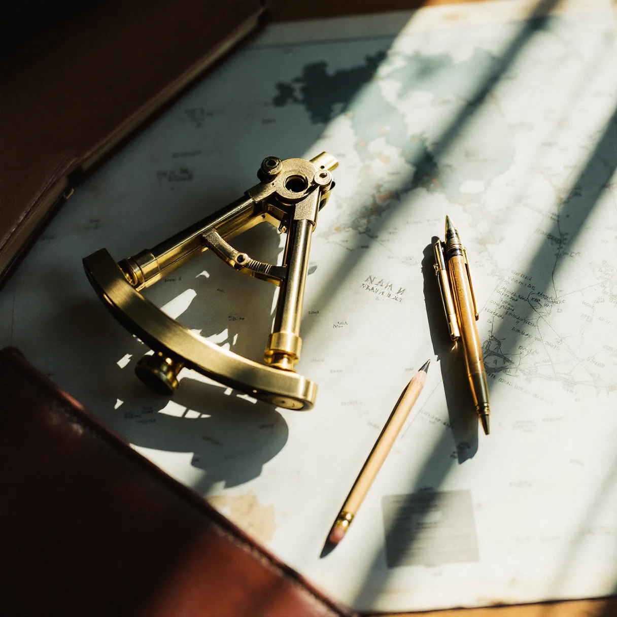 A brass sextant resting on a weathered Tampa Bay navigation chart with brass divider compasses and a leather ledger book on a teak desk surface
