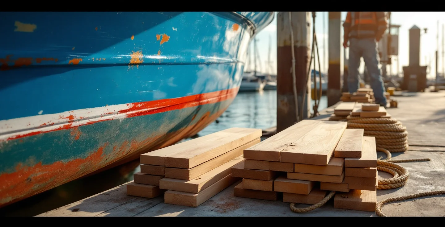 A working Tampa boatyard at midday — the painted hull of a working boat at the waterline, a stack of teak planks and coiled manila rope on the dock, brass cleats in the foreground