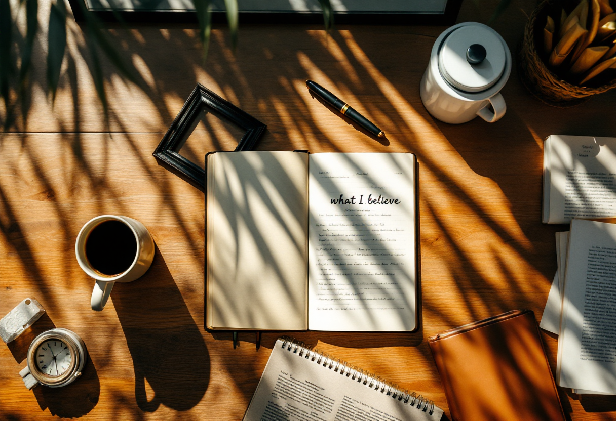 Top-down still life on a teak workbench: an open notebook with handwritten what I believe notes, a portrait frame lying face-down, a ceramic coffee cup, and a worn paperback book spine-up, in warm Florida golden afternoon light