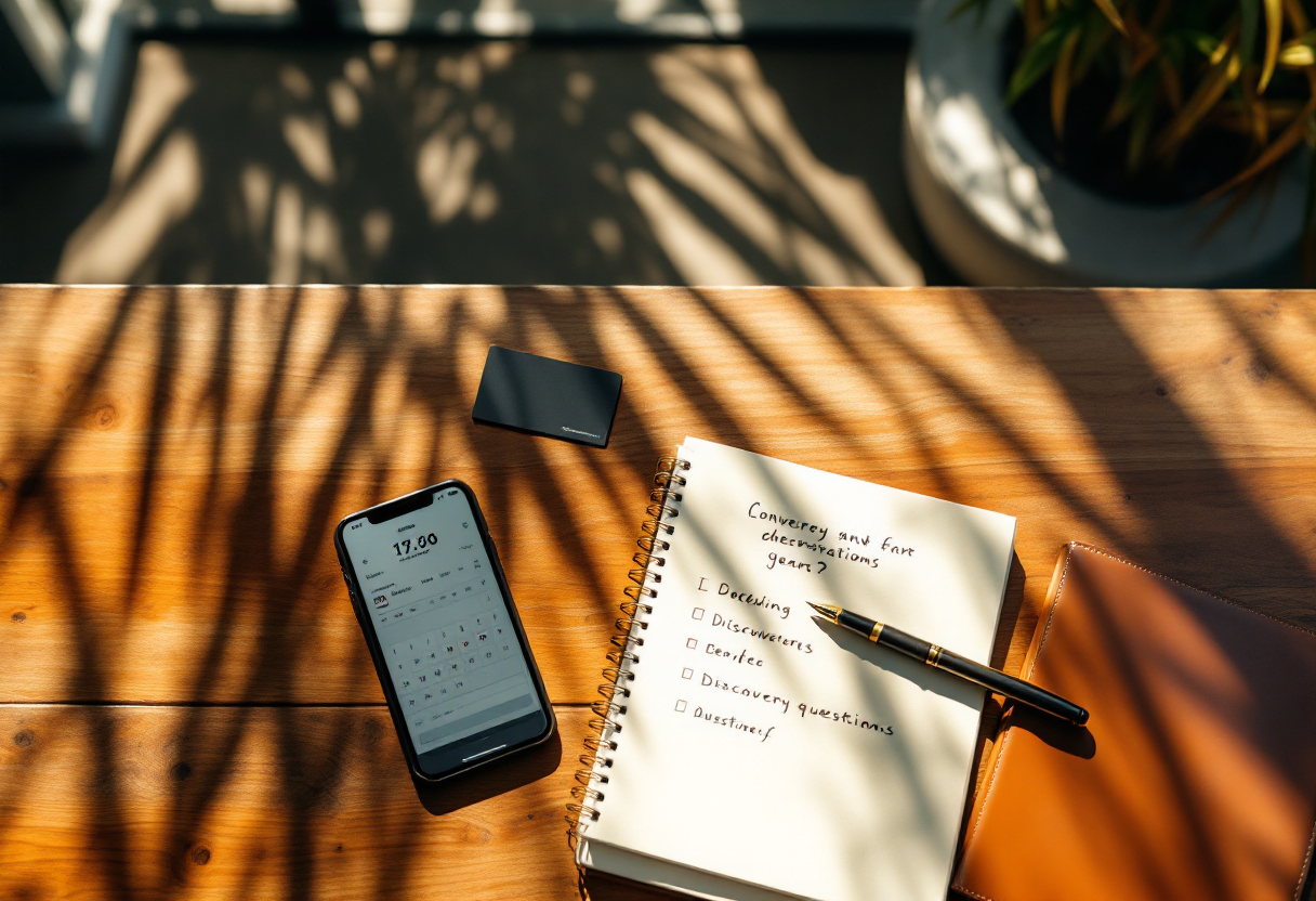 Top-down still life on a teak workbench: a smartphone showing a scheduling app, a printed calling card, a notepad with handwritten discovery questions, and a fountain pen, in Florida golden afternoon light