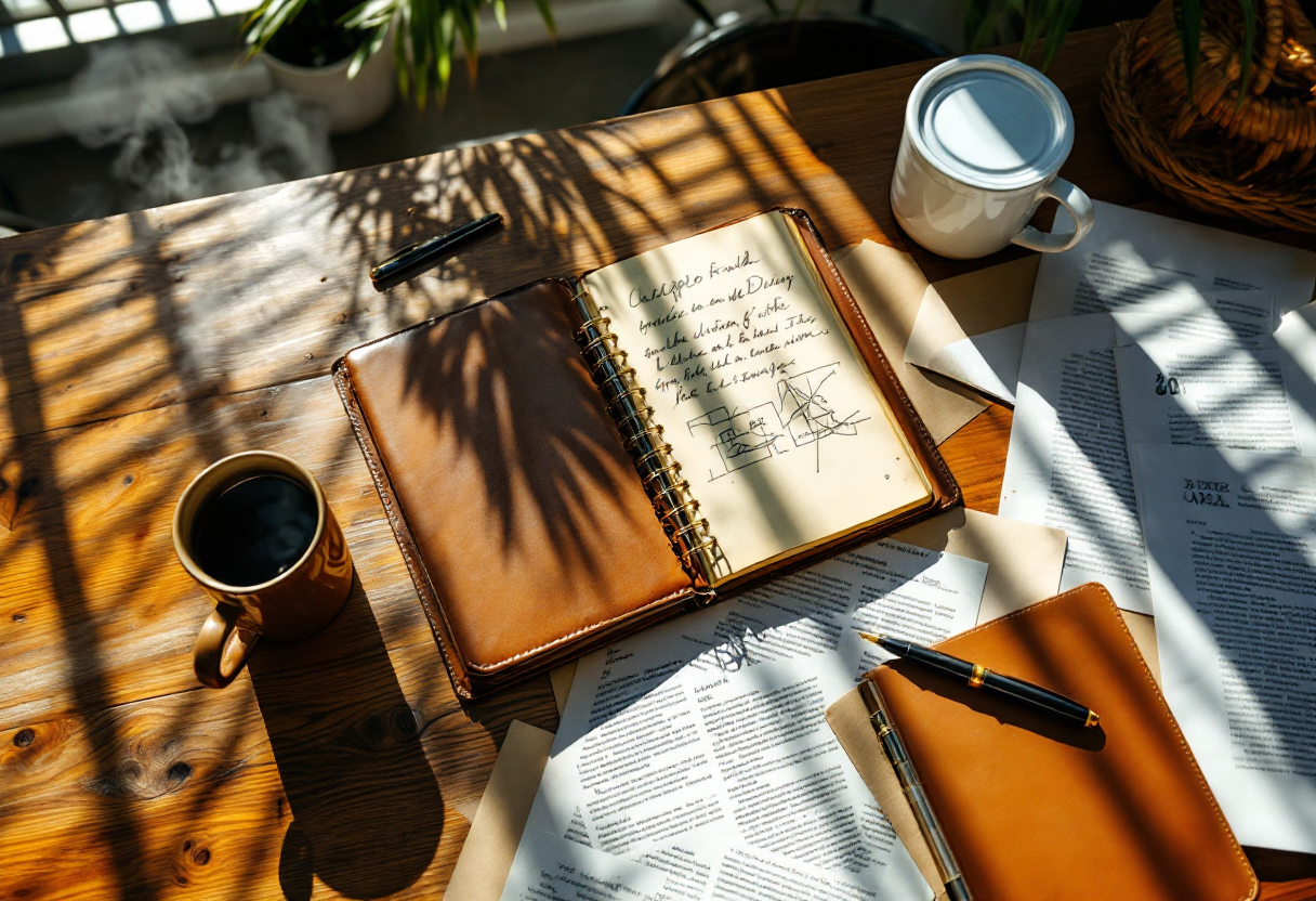 Top-down still life on a teak workbench: open leather journal with handwritten notes and diagrams, a ceramic coffee mug, and printed article pages marked up with a pen, in warm Florida afternoon light