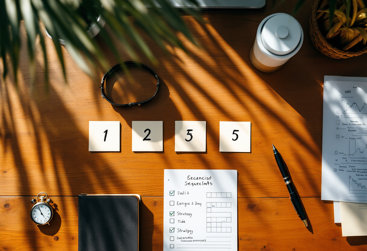 Top-down still life on a teak workbench: five numbered notecards in a row 1 to 5, a stopwatch, a printed checklist with ticked boxes, and a hand-drawn strategy diagram on cream paper, in golden Florida afternoon light
