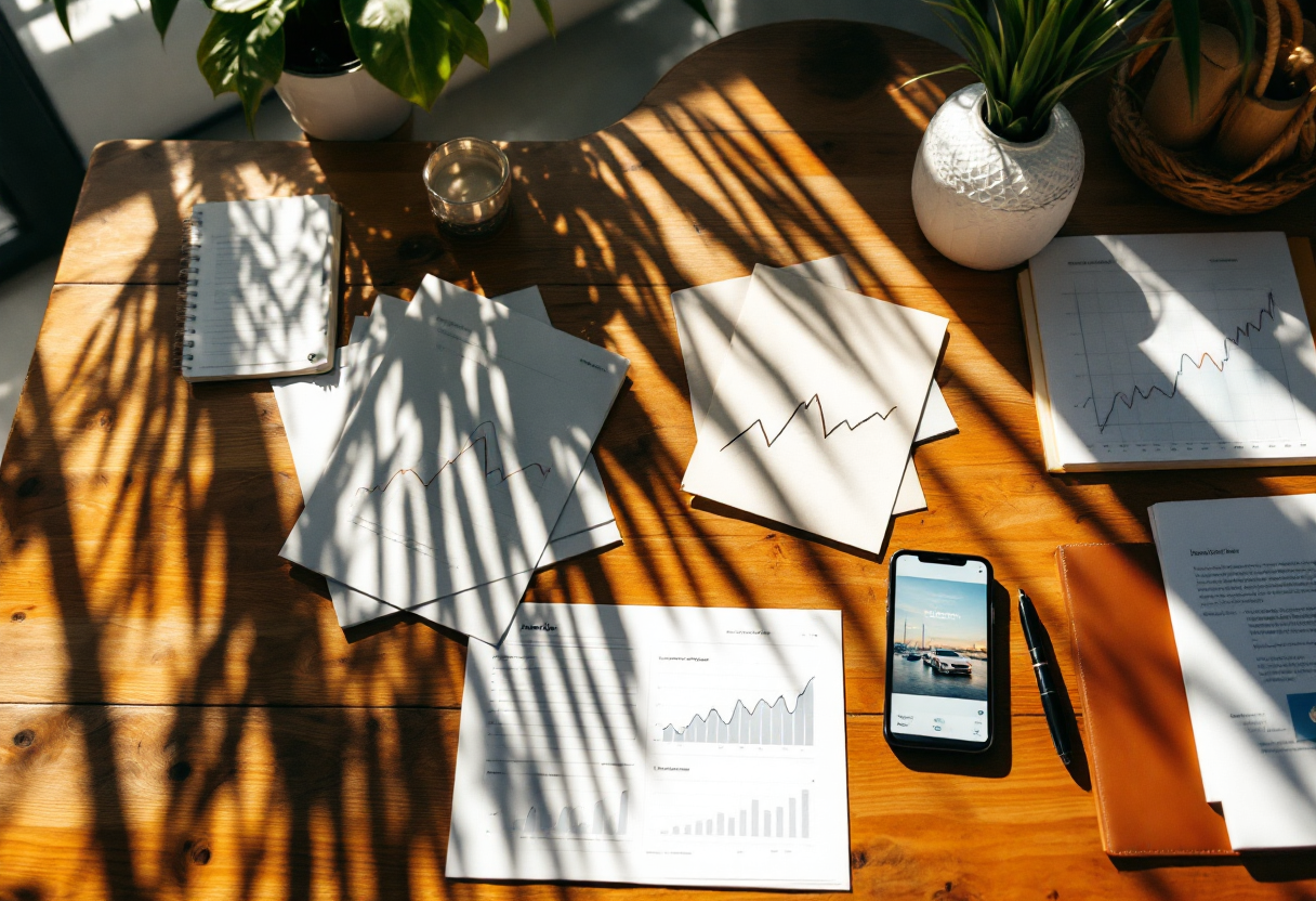 Web design in Tampa FL: top-down editorial still life on a teak workbench showing printed analytics, a sitemap, and a client website on a phone — Tampa, Florida golden afternoon light
