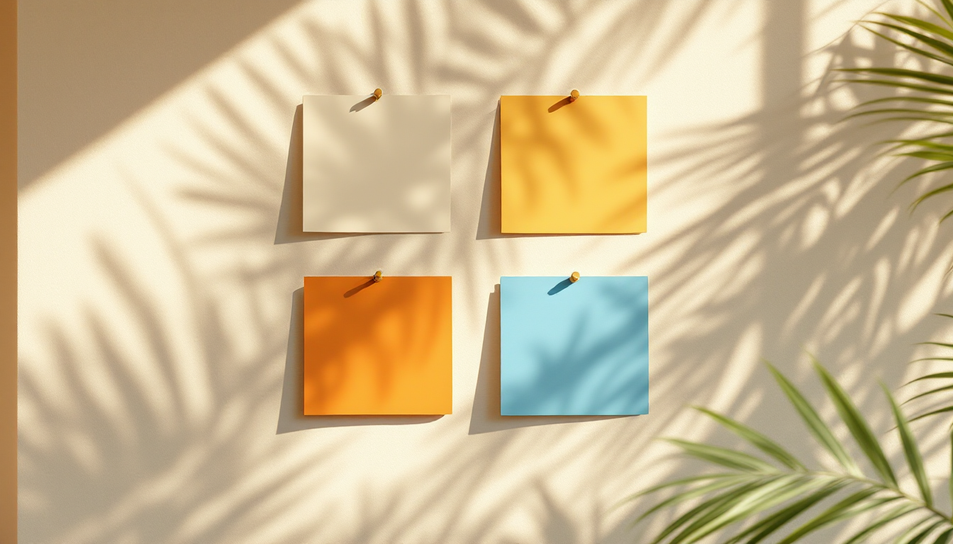 Cream studio wall pinned with phase color cards in pepper, tide, terracotta, and cream — the cluster visualized