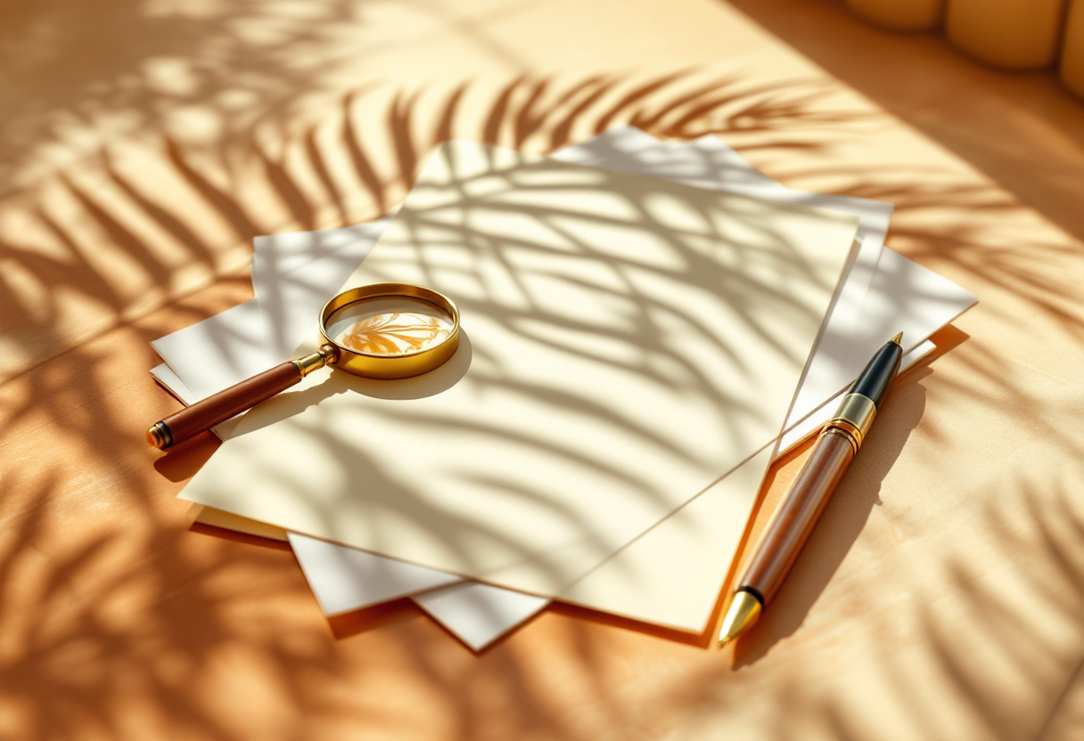 An editorial still life of an SEO audit document and ranking data, Tampa golden-hour light.