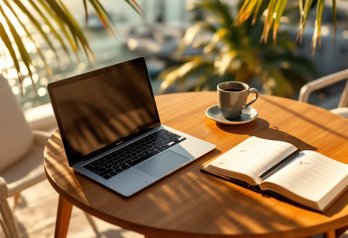 An editorial still life of an ongoing site-maintenance workspace, Tampa golden-hour light
